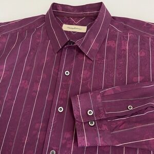 Tommy Bahama Men XL Segrada Stripe Floral Silk Blend Long Sleeve Button Up Shirt